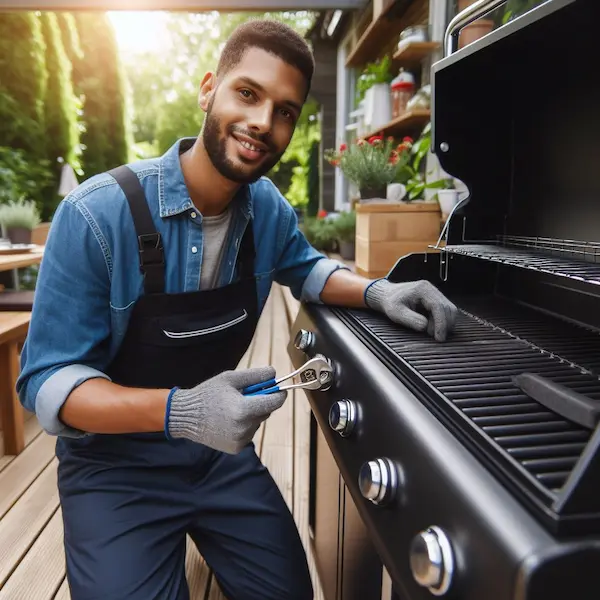 BBQ Grill Repair Services Los Angeles - technician repairing a fireplace