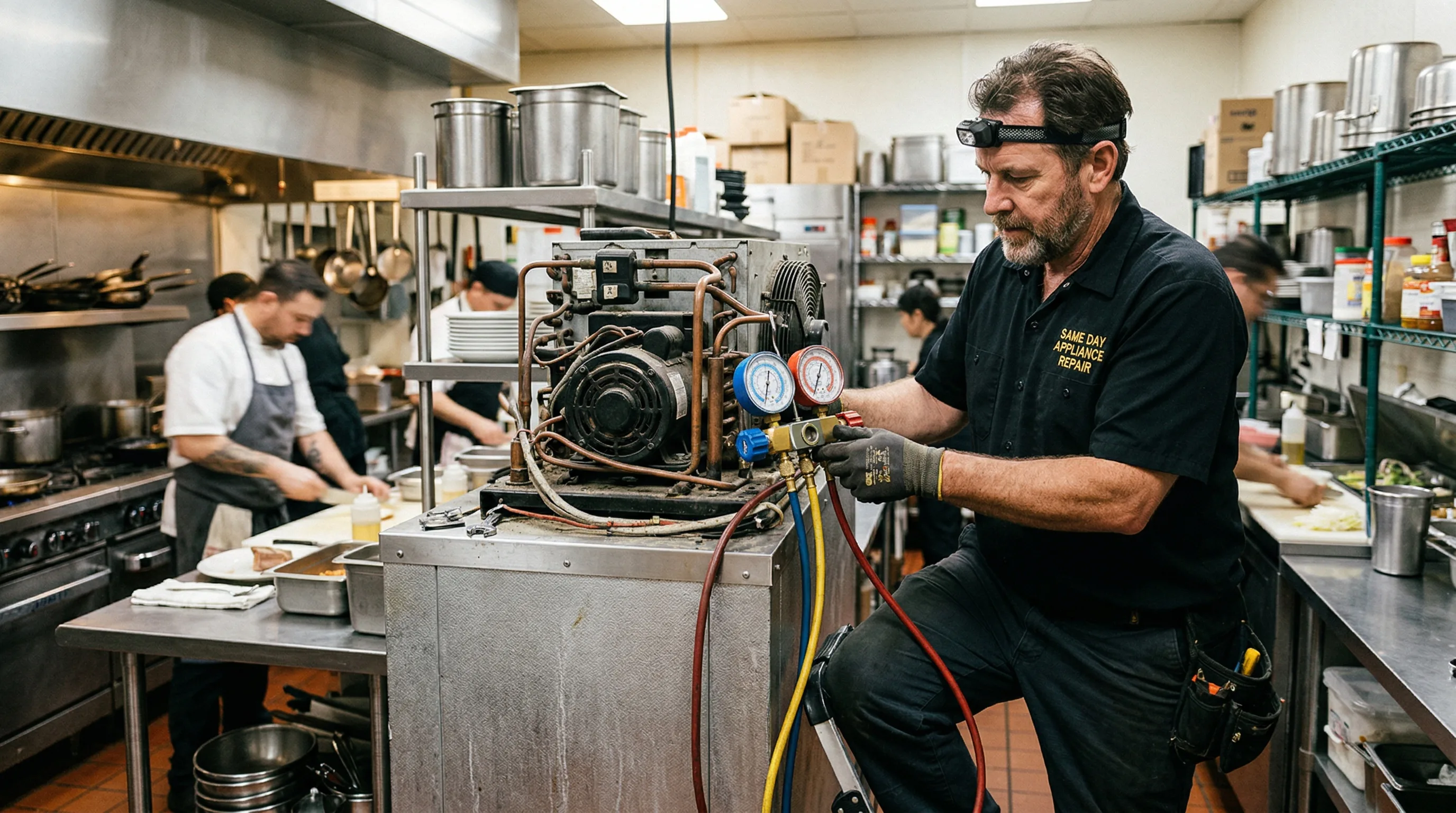 Commercial refrigerator compressor repair in Burbank restaurant kitchen by certified technician