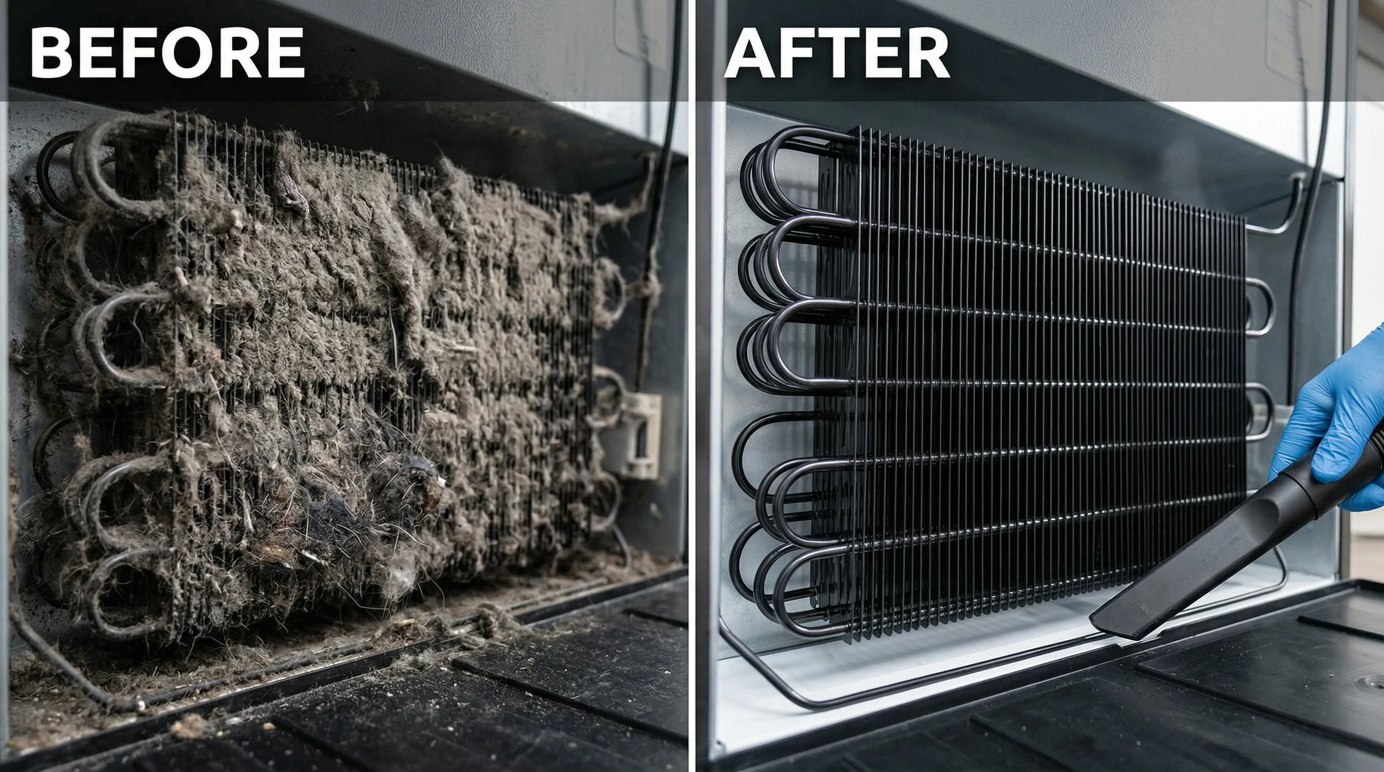 Refrigerator condenser coils before and after professional cleaning in Burbank CA — dust removal improves efficiency
