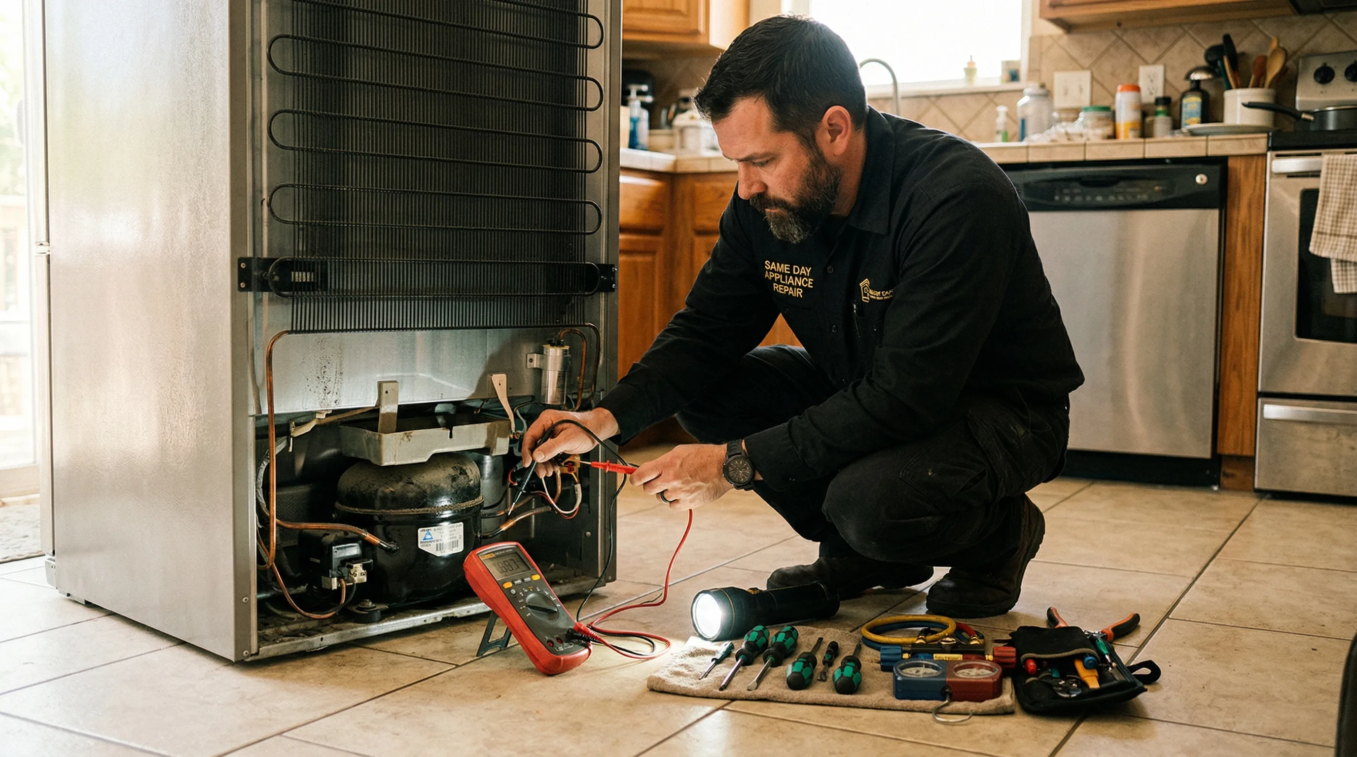 Certified technician diagnosing refrigerator compressor with multimeter in Burbank CA kitchen