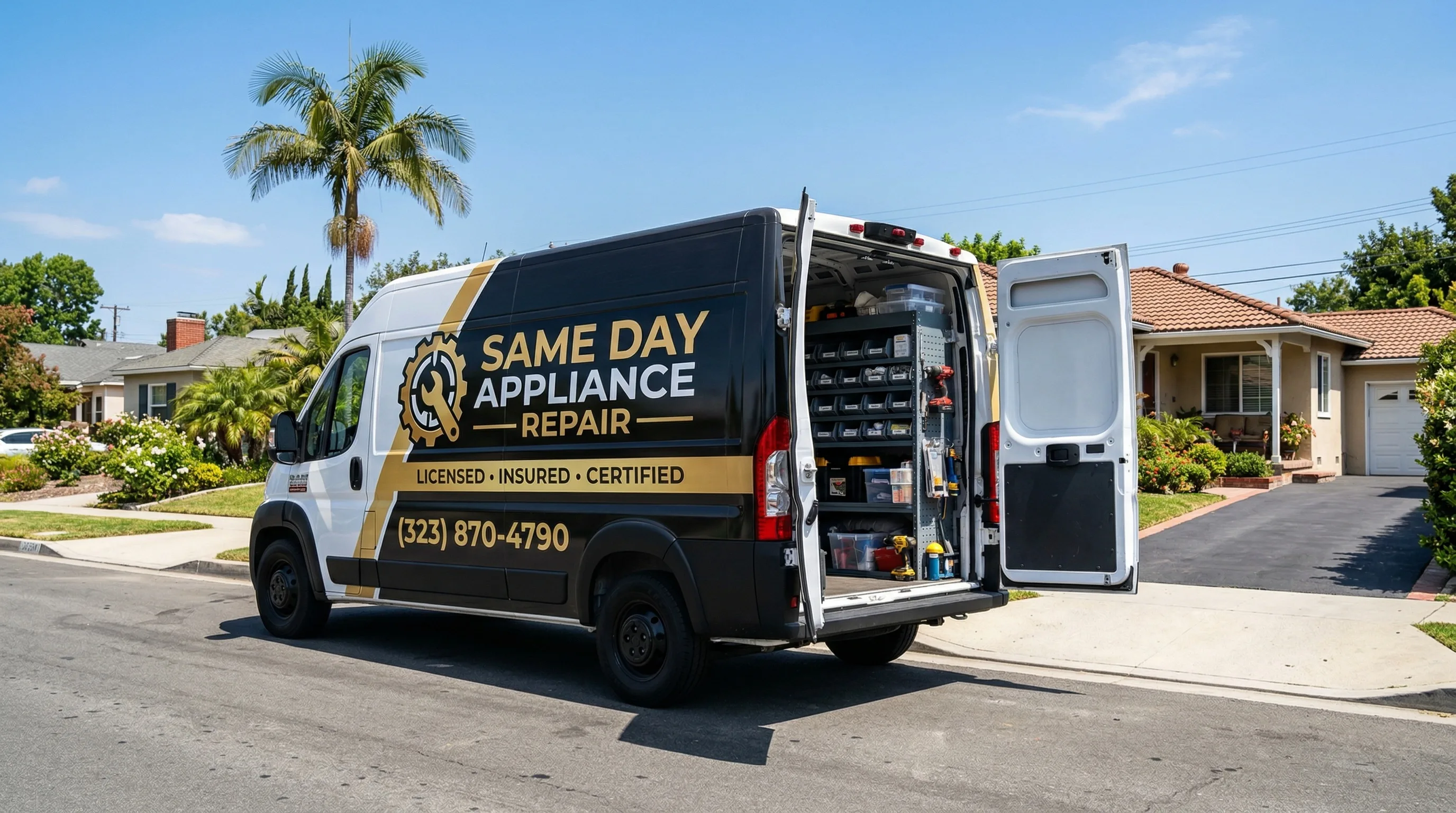 Same Day Appliance Repair branded service van arriving at Burbank CA residential neighborhood