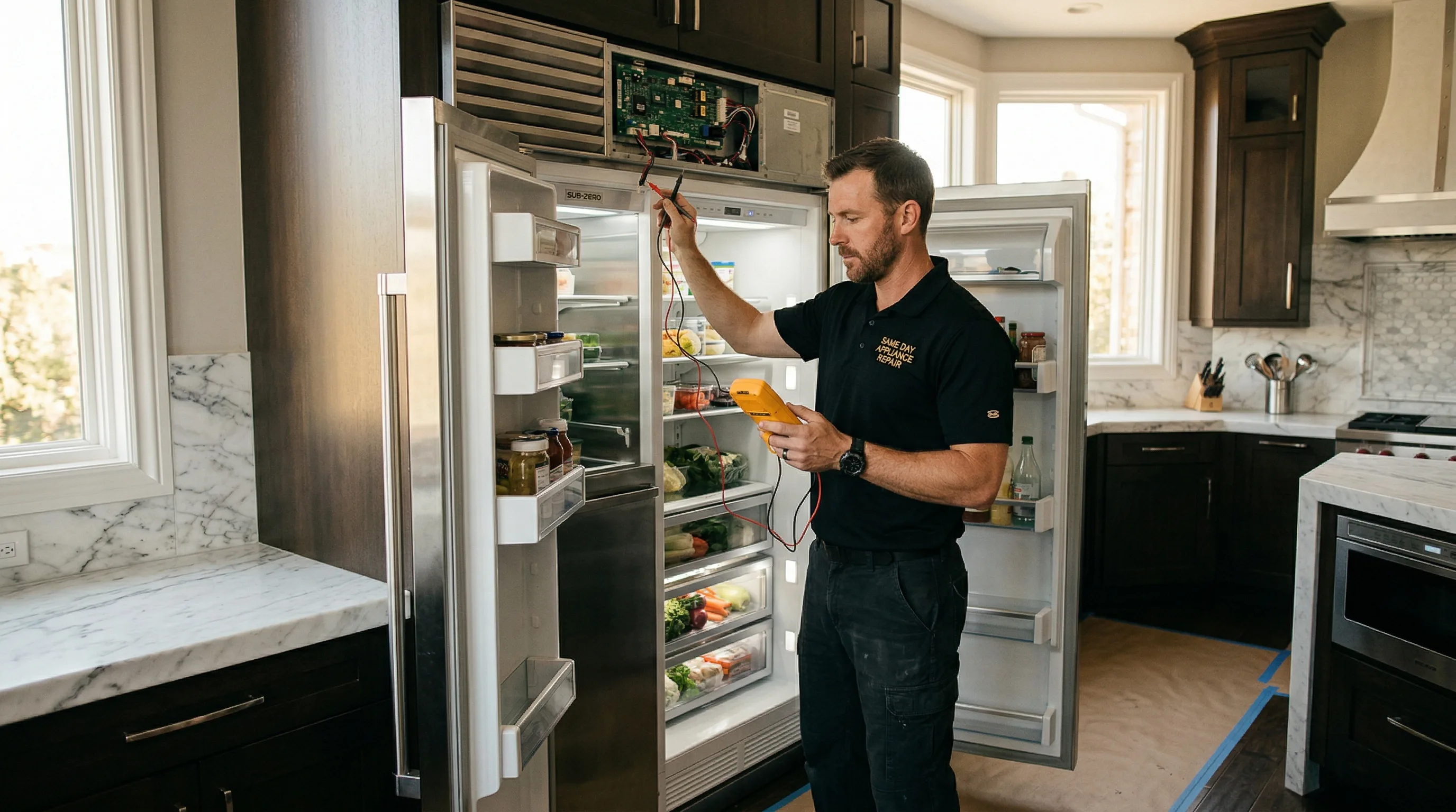 Same Day Appliance Repair technician servicing Sub-Zero refrigerator in Burbank home