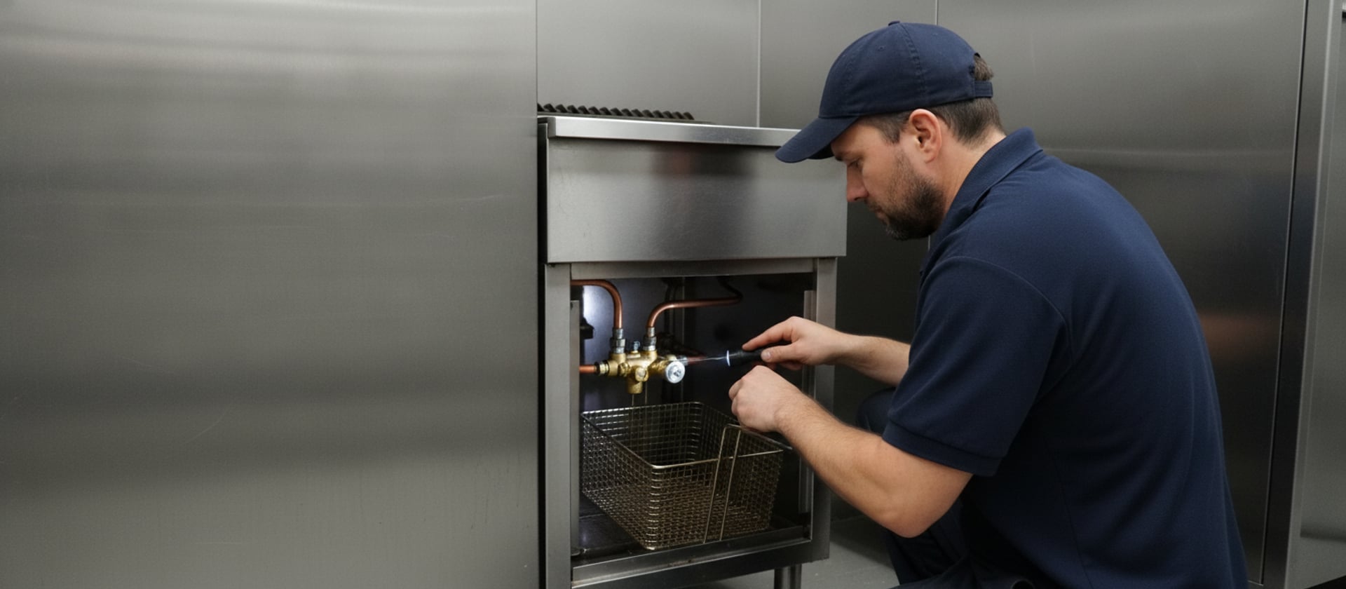 Food truck fryer repair in Los Angeles CA — technician at the gas valve