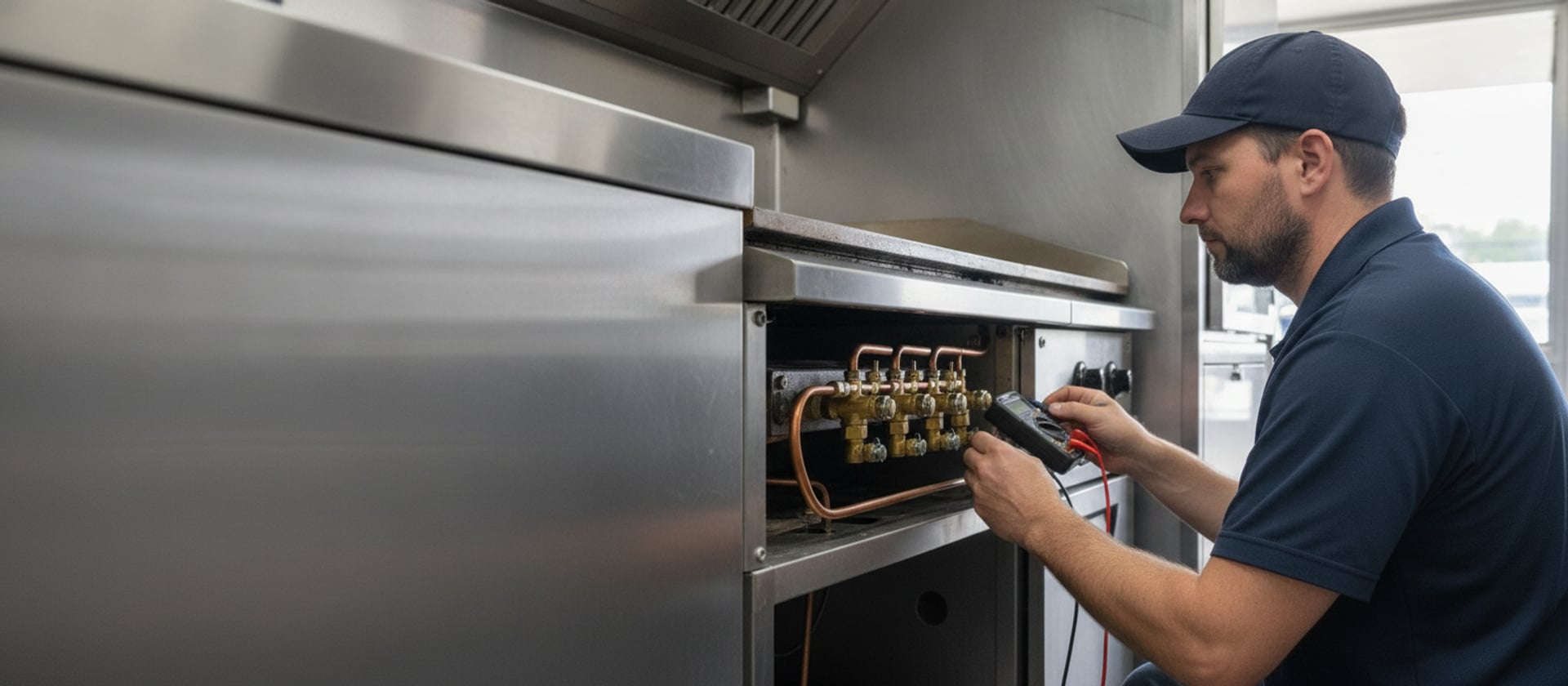 Food truck griddle repair in Los Angeles CA — technician testing the pilot assembly