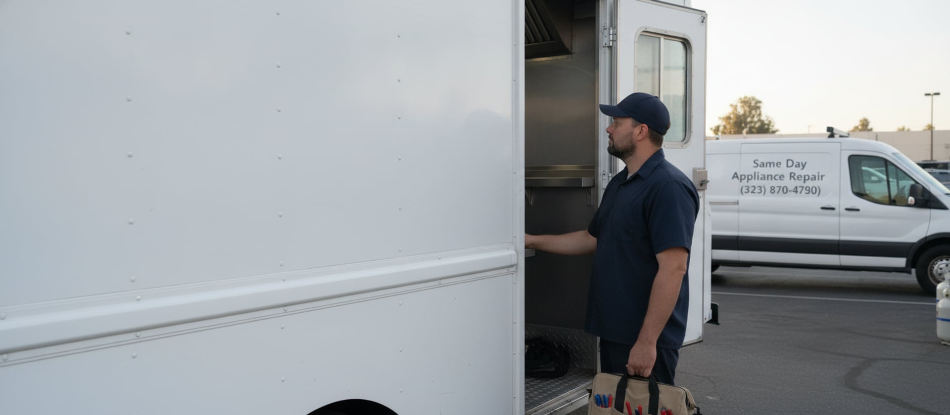Food truck kitchen equipment repair in Los Angeles CA — technician at a commissary lot