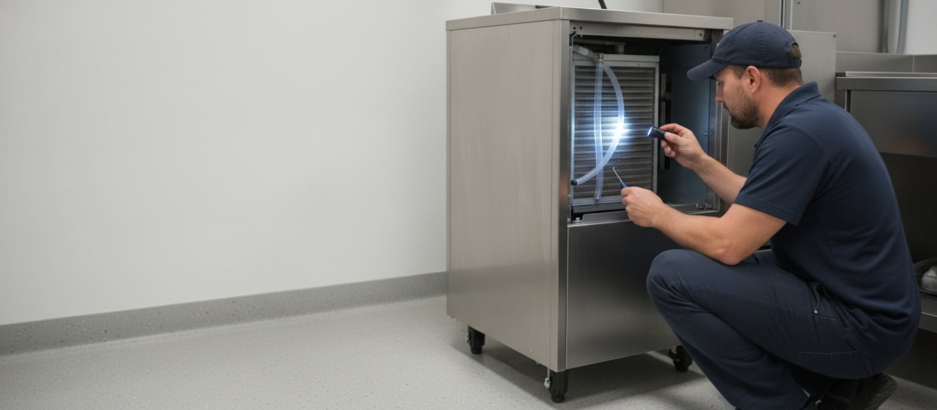 Food truck ice machine repair in Los Angeles CA — technician checking the evaporator coil