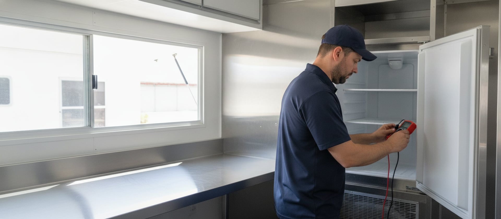 Food truck refrigeration repair in Los Angeles CA — technician checking supply voltage