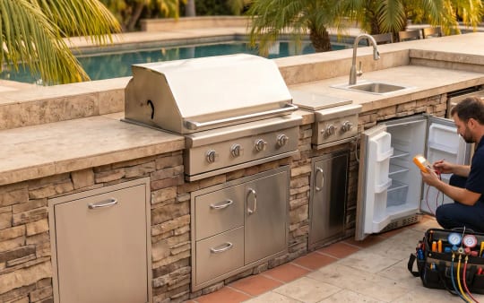 Built-in outdoor kitchen with grill island and undercounter refrigerator — outdoor appliance repair in Carlsbad