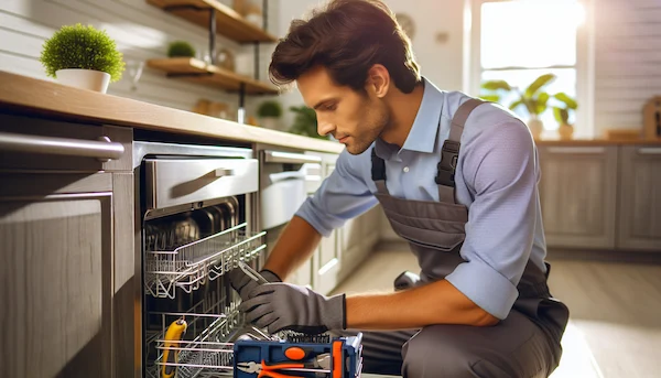 Professional appliance repair technician working on a dishwasher