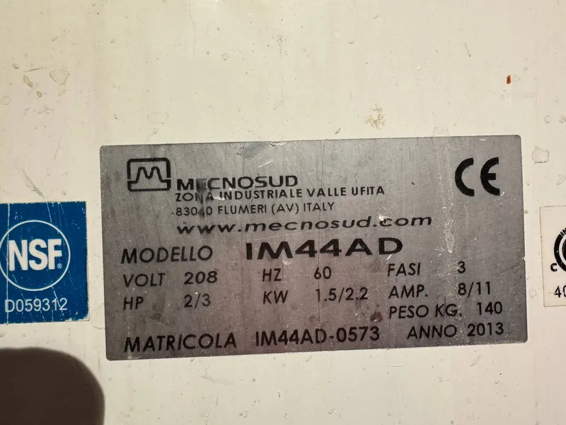 Mecnosud IM44AD ice machine data plate, photographed by our technician